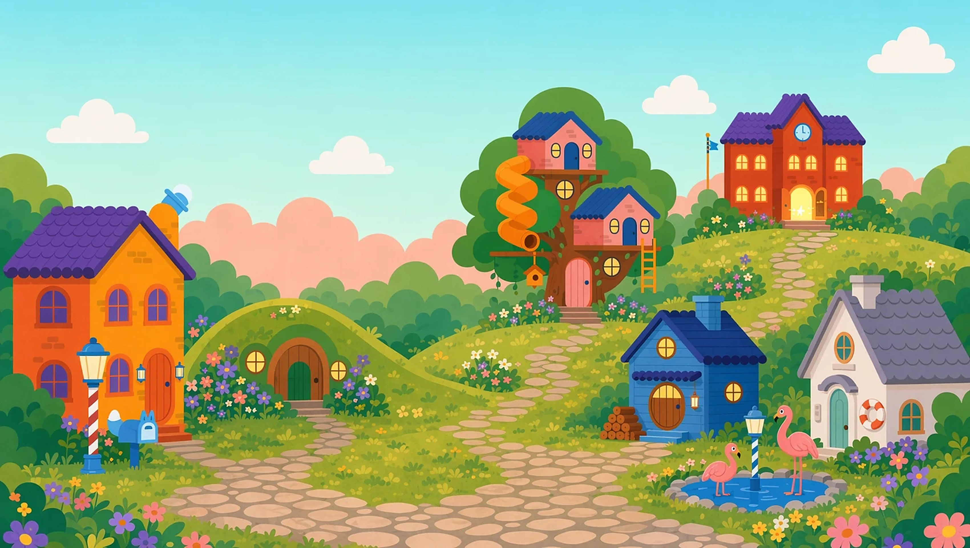 The canonical Smile Street village with all the houses and the school