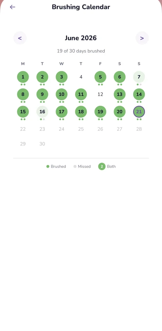 Parent brushing calendar showing days brushed over the month