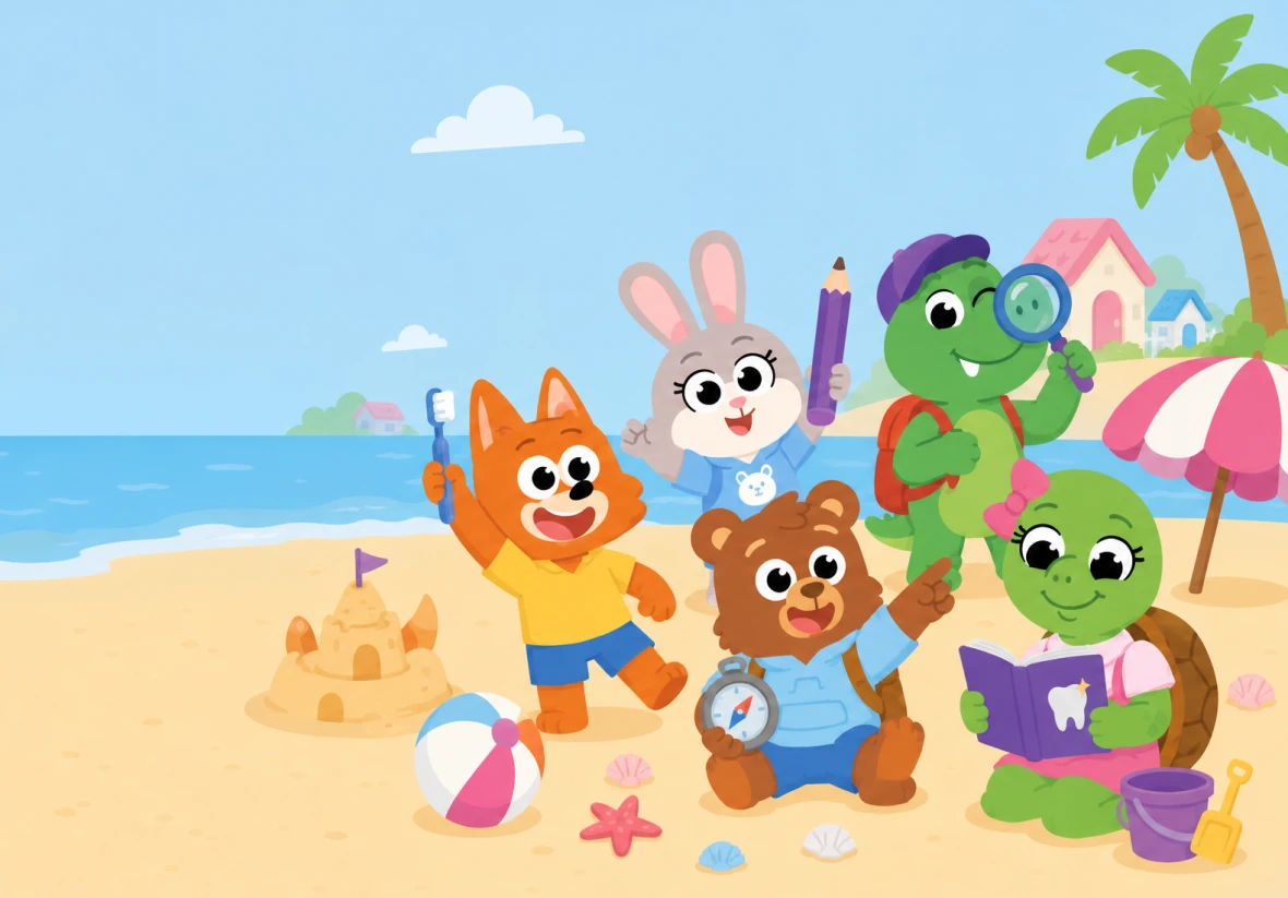 Tito and the Smile Street friends on a summer beach